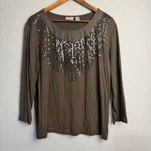 Chico's Chocolate Brown Sequin Embellished Wearable Art 3/4 Sleeve Top Size 3 XL